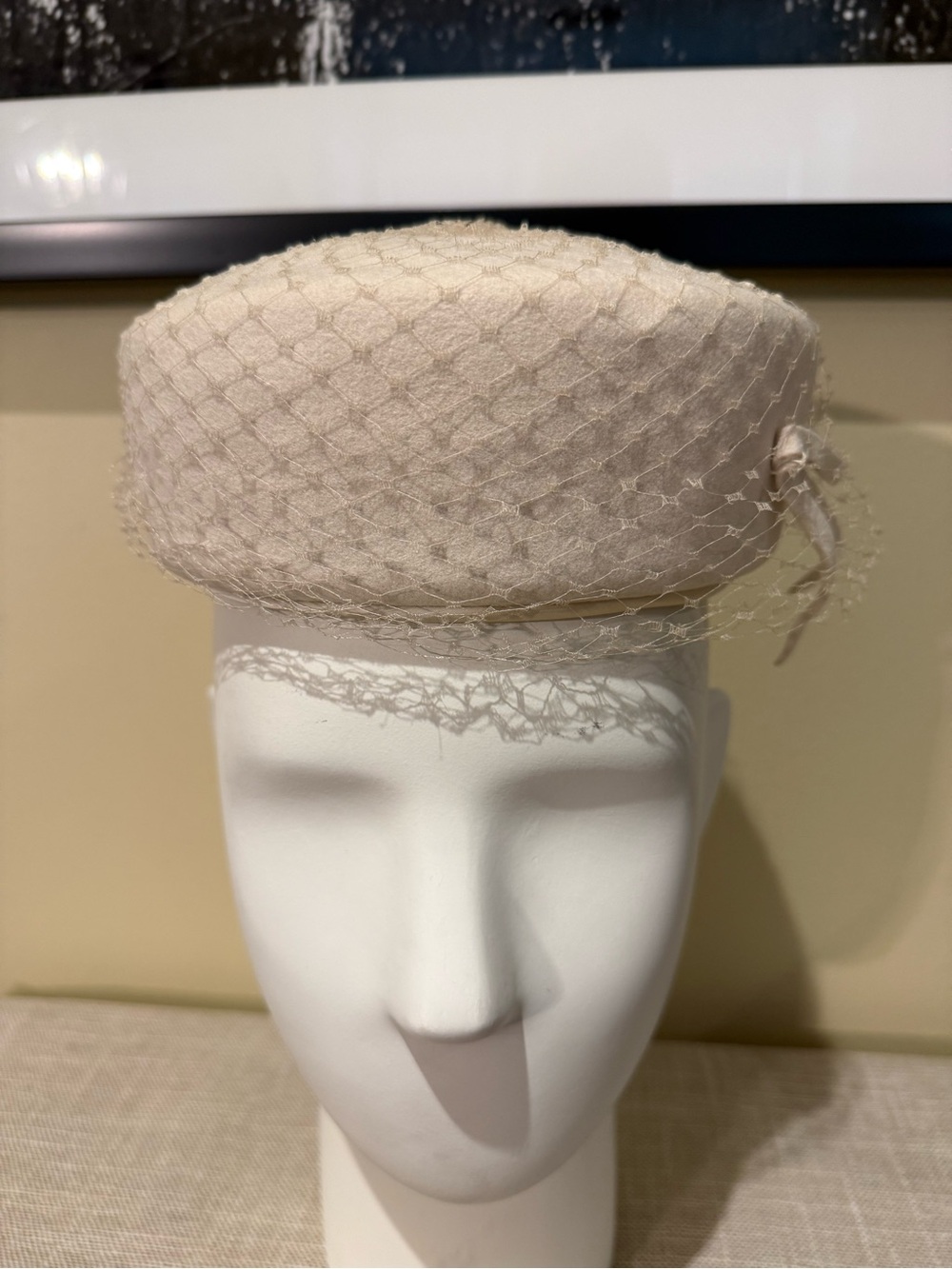 Vintage Henry Pollak Ritz Ivory Wool Pillbox Hat Veiling Bow